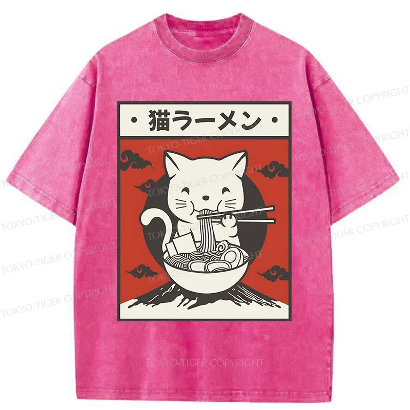 Tokyo-Tiger Retro White Cat Eating Ramen Washed T-Shirt