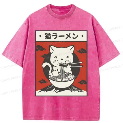 Tokyo-Tiger Retro White Cat Eating Ramen Washed T-Shirt