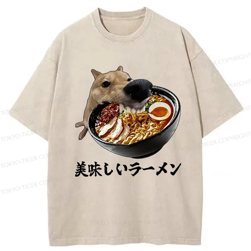 Tokyo-Tiger Funny Ramen Lover Dog Washed T-Shirt