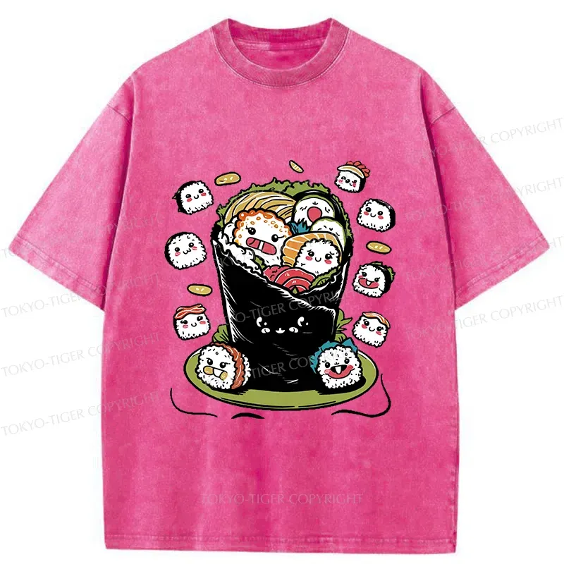 Tokyo-Tiger Sushi Burrito Funny Washed T-Shirt
