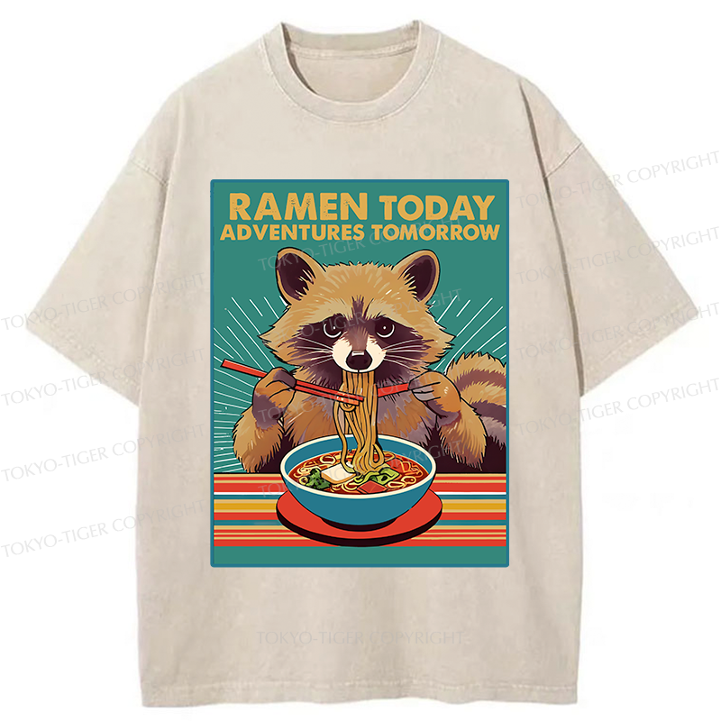 Tokyo-Tiger Raccoon Eating Ramen Washed T-Shirt