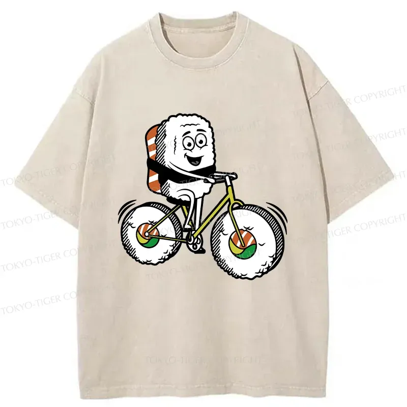 Tokyo-Tiger Cute Sushi Riding A Bicycle Washed T-Shirt