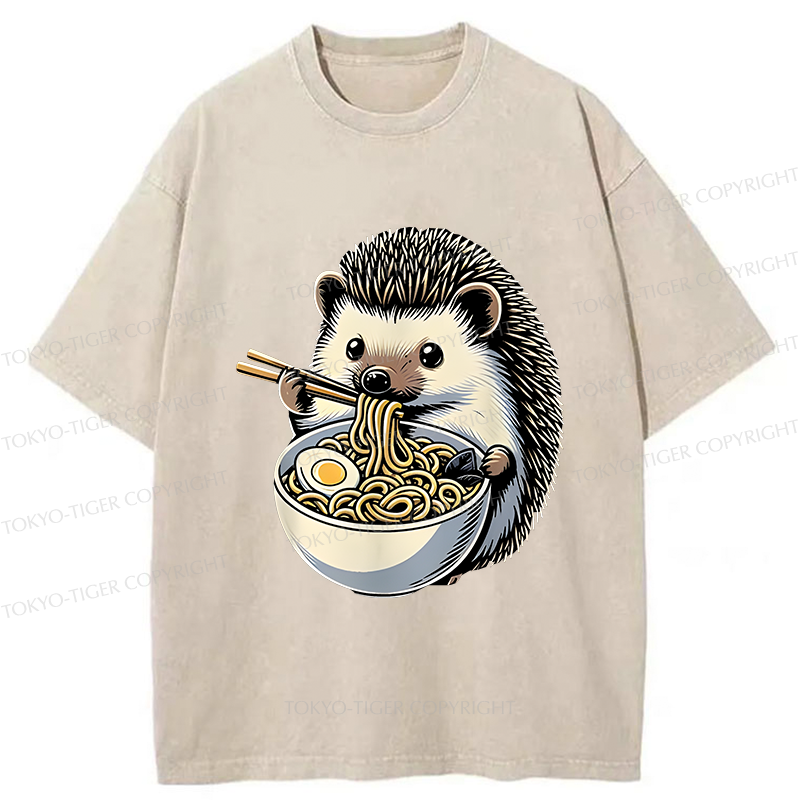Tokyo-Tiger Hedgehog Eat Ramen Kawaii Washed T-Shirt