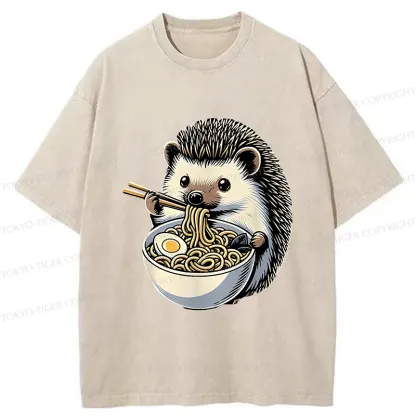 Tokyo-Tiger Hedgehog Eat Ramen Kawaii Washed T-Shirt