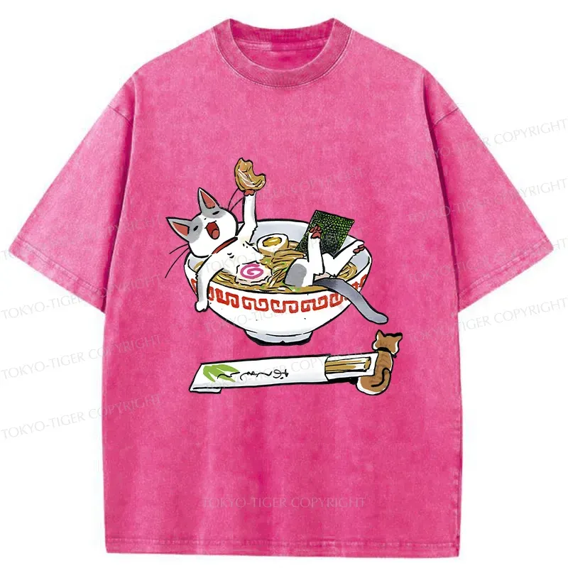Tokyo-Tiger Cute Cat Ramen Washed T-Shirt