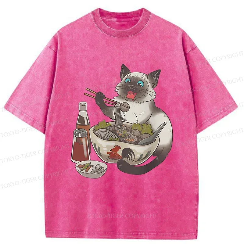 Tokyo-Tiger Siamese Cat Eating Ramen Washed T-Shirt