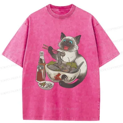 Tokyo-Tiger Siamese Cat Eating Ramen Washed T-Shirt