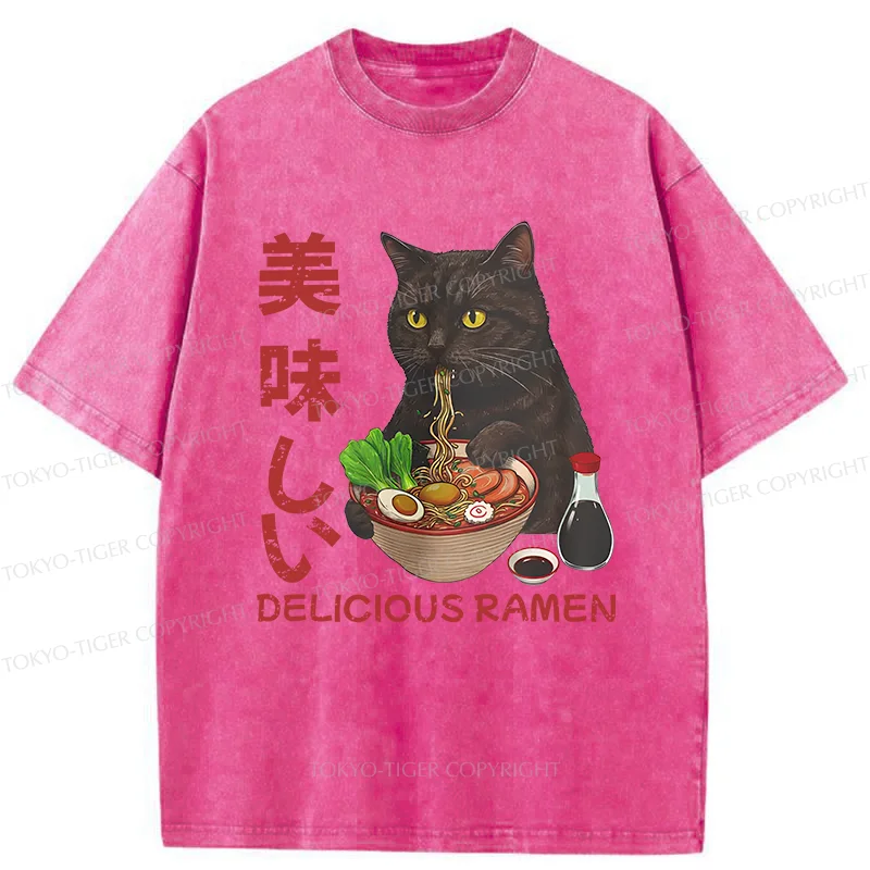 Tokyo-Tiger Black Cat Eating Delicious Ramen Washed T-Shirt