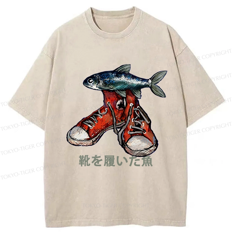 Tokyo-Tiger Fish Wearing Shoes Washed T-Shirt