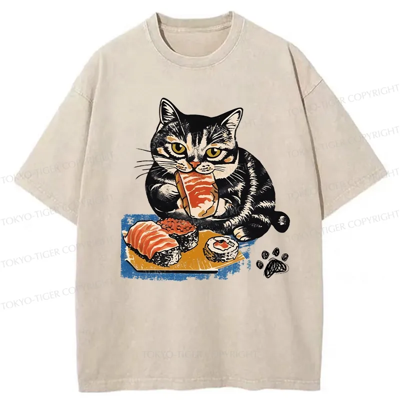 Tokyo-Tiger Sashimi Lover Cat Washed T-Shirt