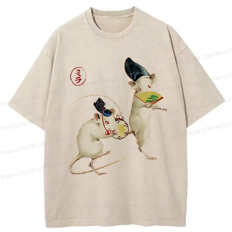 Tokyo-Tiger Retro Dancing Mouse Washed T-Shirt
