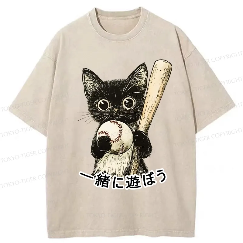 Tokyo-Tiger Cute Cat Playing Baseball Washed T-Shirt Sale