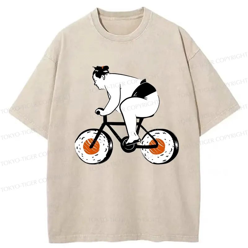 Tokyo-Tiger Sumo Riding A Sushi Bike Washed T-Shirt
