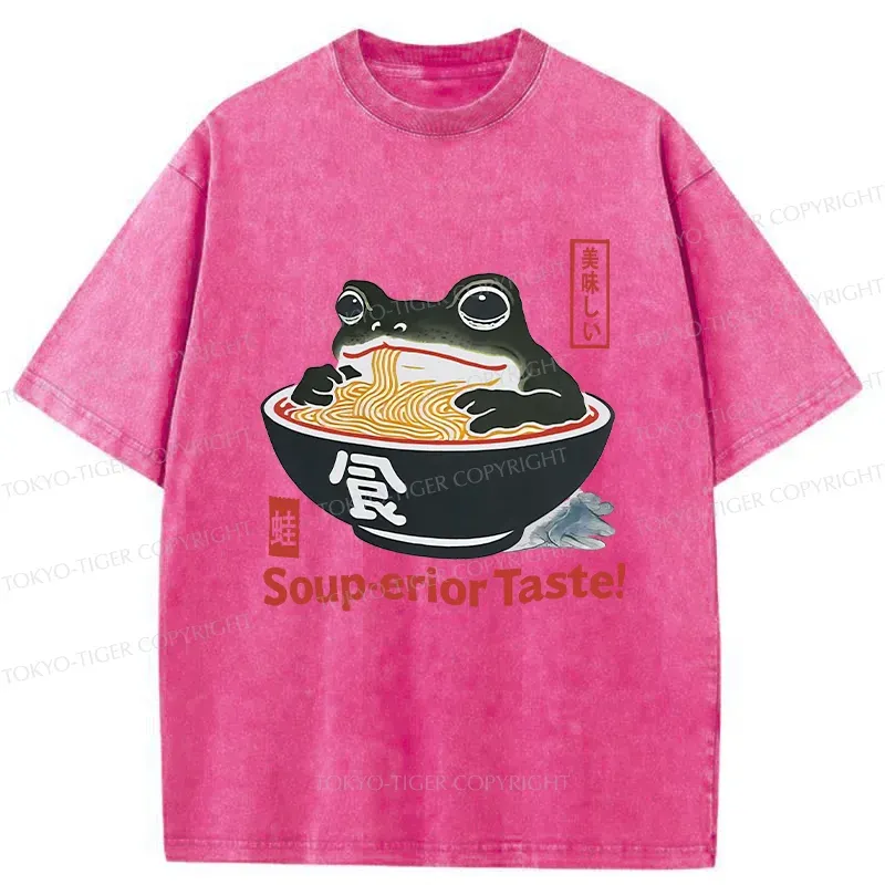 Tokyo-Tiger Retro Frog Eating Ramen Washed T-Shirt