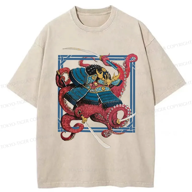 Tokyo-Tiger Samurai Octopus Swinging Sword Washed T-Shirt