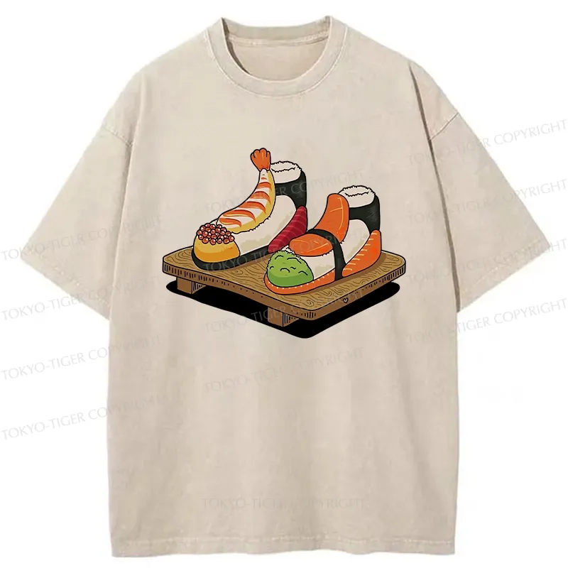 Tokyo-Tiger Funny Sushi Shoes Washed T-Shirt