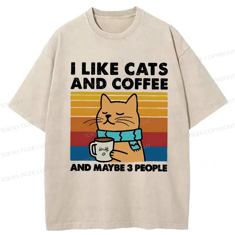 Tokyo-Tiger I Like Cats And Coffee Washed T-Shirt