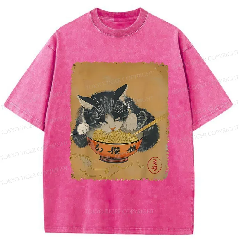 Tokyo-Tiger Vintage Black Cat Eat Ramen Washed T-Shirt