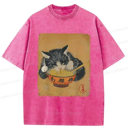 Tokyo-Tiger Vintage Black Cat Eat Ramen Washed T-Shirt
