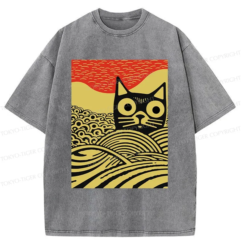 Tokyo-Tiger Woodcut Cat and Wave Washed T-Shirt