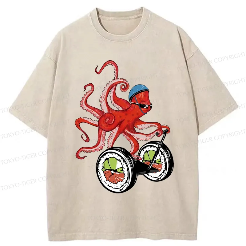 Tokyo-Tiger Octopus Riding A Sushi Cart Washed T-Shirt Sale