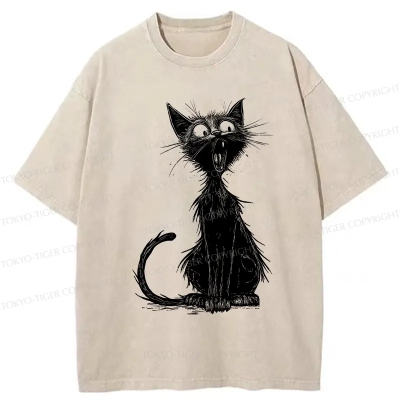 Tokyo-Tiger Surprised Black Cat Washed T-Shirt