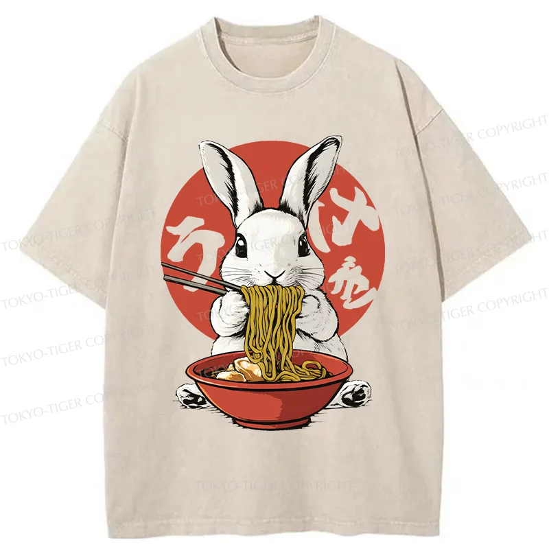 Tokyo-Tiger Rabbit Eating Ramen Washed T-Shirt