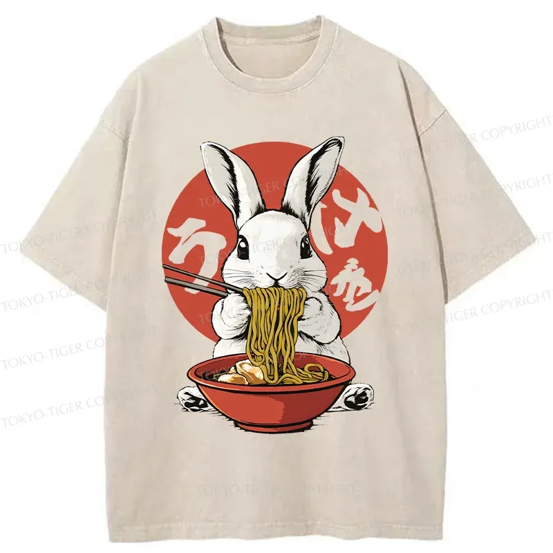 Tokyo-Tiger Rabbit Eating Ramen Washed T-Shirt