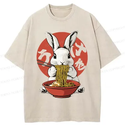 Tokyo-Tiger Rabbit Eating Ramen Washed T-Shirt