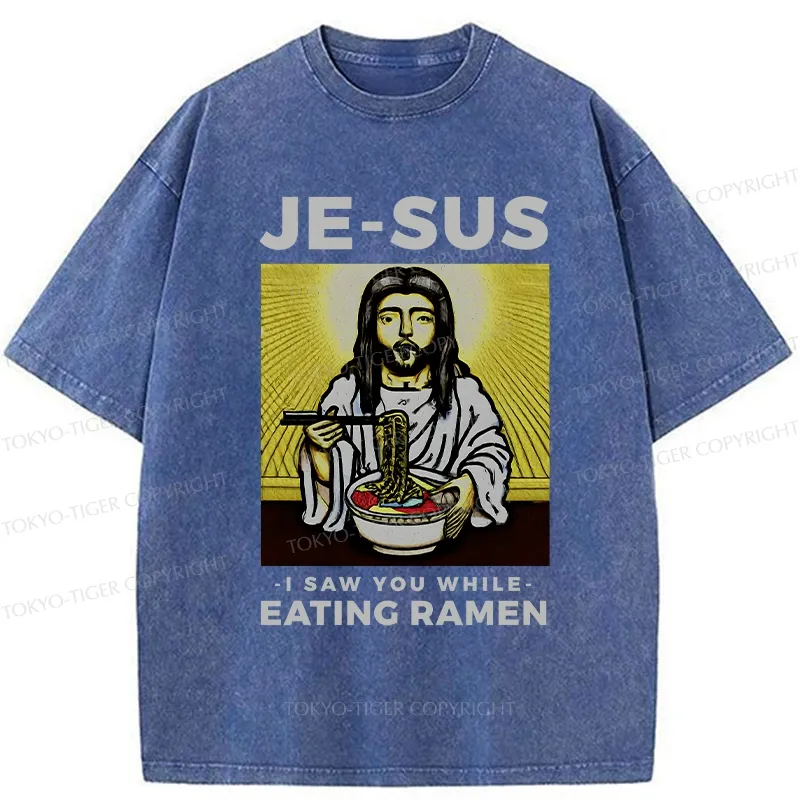 Tokyo-Tiger Jesus Eating Ramen Washed T-Shirt