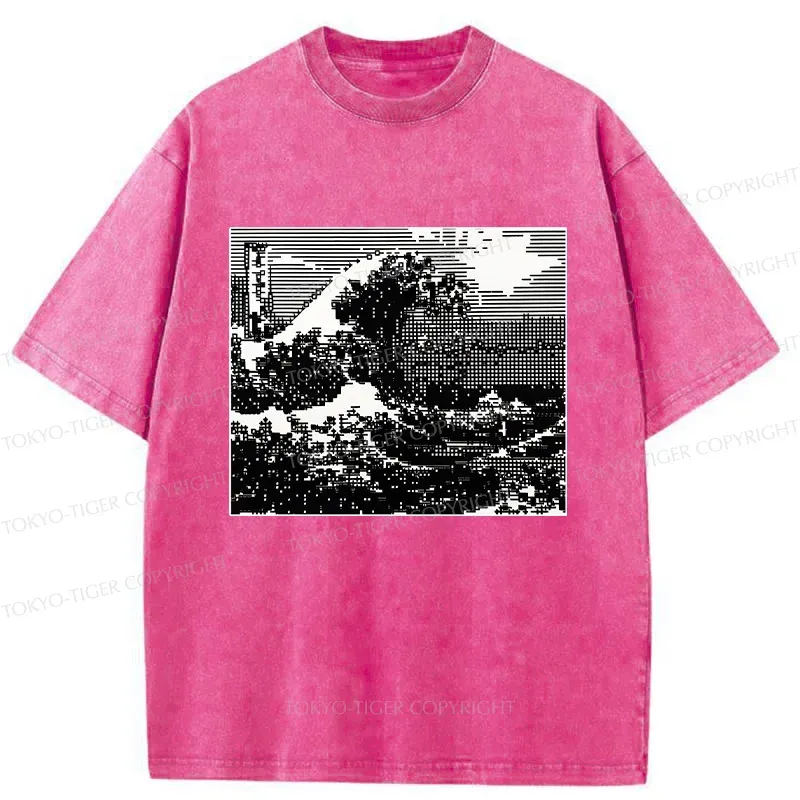 Tokyo-Tiger Black And White Ukiyoe Wave Washed T-Shirt