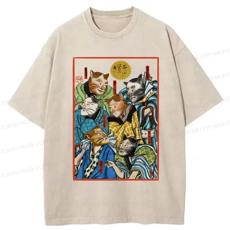 Tokyo-Tiger Japanese Ukiyo-e Cats Washed T-Shirt