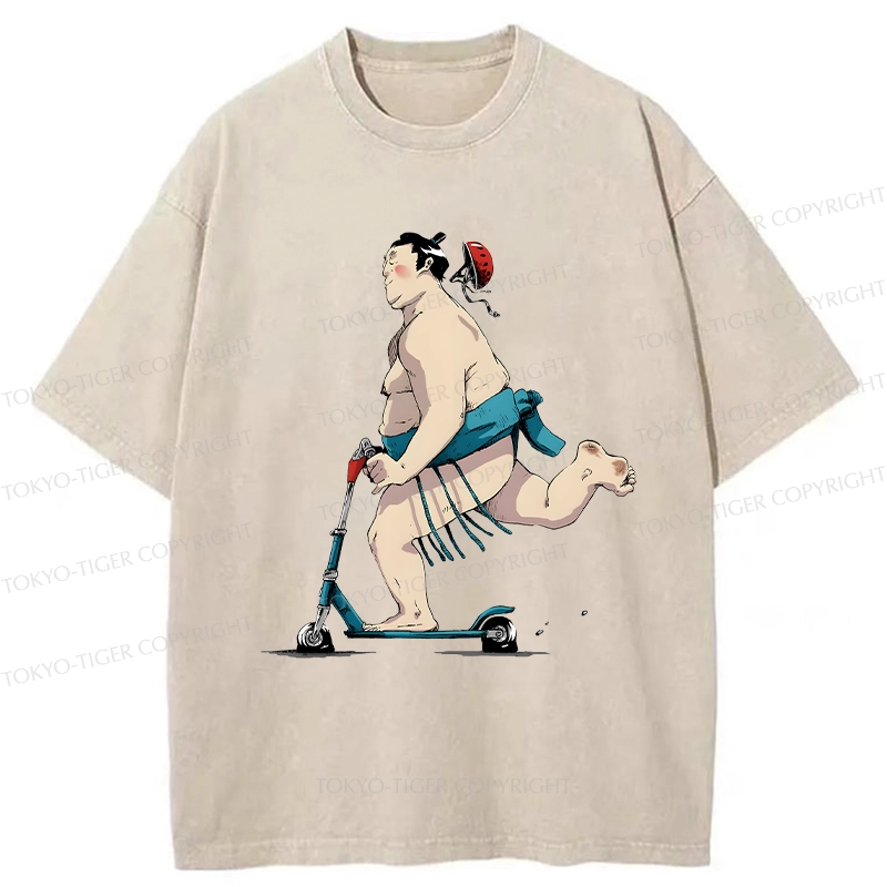 Tokyo-Tiger Sumo On A Scooter Washed T-Shirt