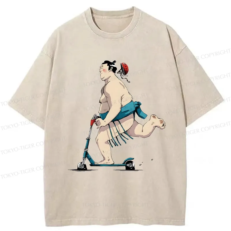 Tokyo-Tiger Sumo On A Scooter Washed T-Shirt