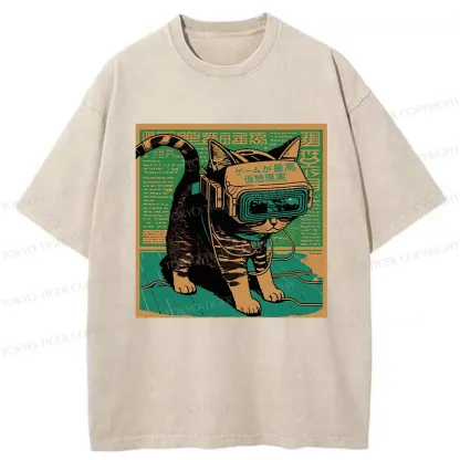 Tokyo-Tiger Cyberpunk Sci-Fi Cat Washed T-Shirt