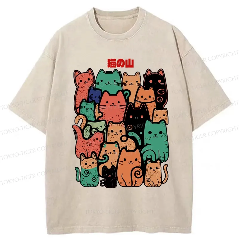 Tokyo-Tiger Funny Cat Mountain Washed T-Shirt