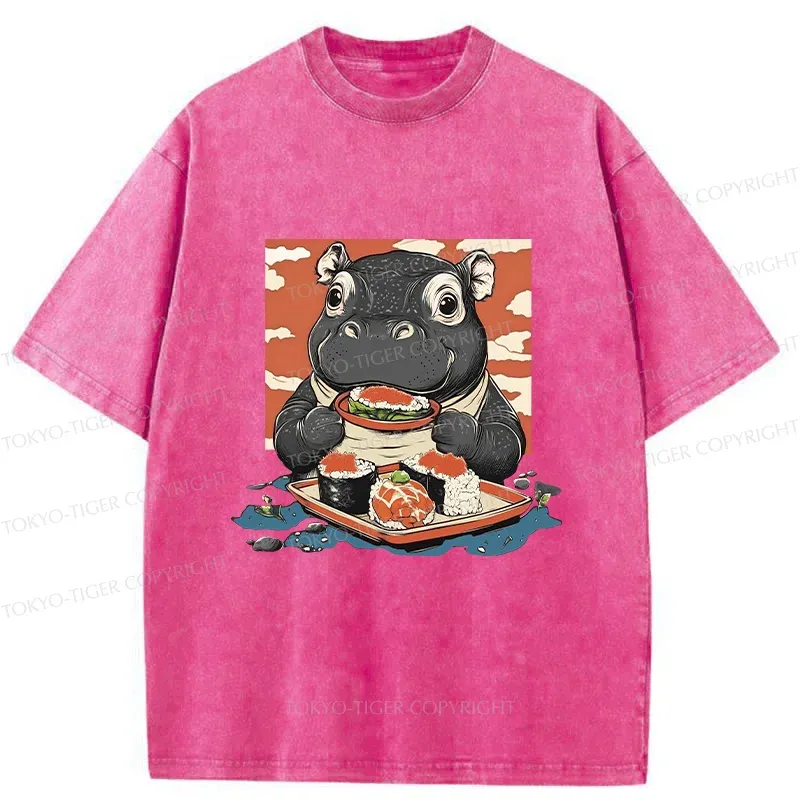 Tokyo-Tiger Moo Deng Eat Sushi Washed T-Shirt