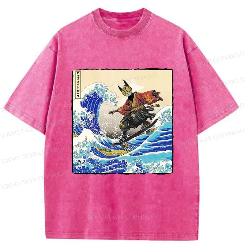 Tokyo-Tiger Surfing Machine Cat Washed T-Shirt