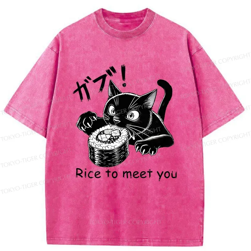 Tokyo-Tiger Fierce Cat Eating Sushi Washed T-Shirt