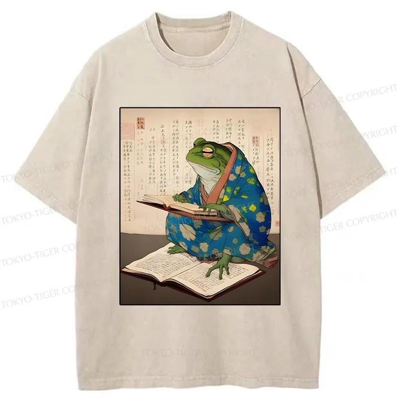 Tokyo-Tiger Frog Reading Japanese Washed T-Shirt