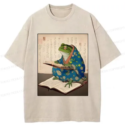 Tokyo-Tiger Frog Reading Japanese Washed T-Shirt