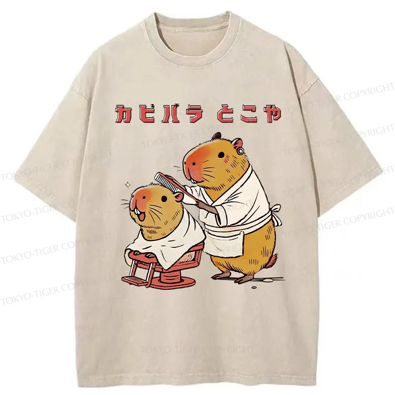 Tokyo-Tiger Funny Capybara Barber Washed T-Shirt Sale