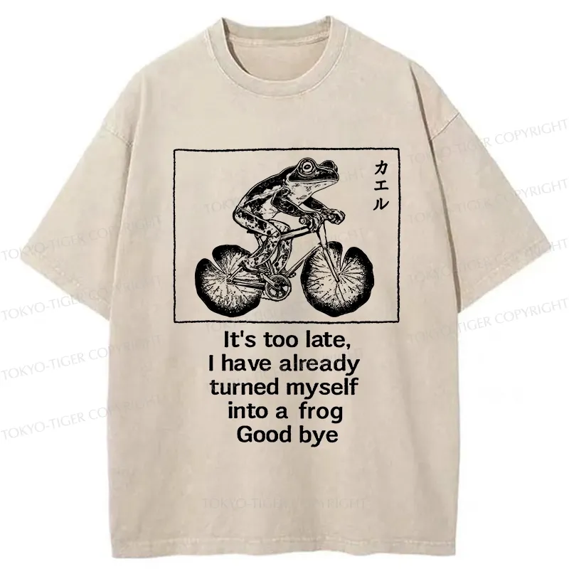 Tokyo-Tiger Funny Frog Riding A Bicycle Washed T-Shirt Sale