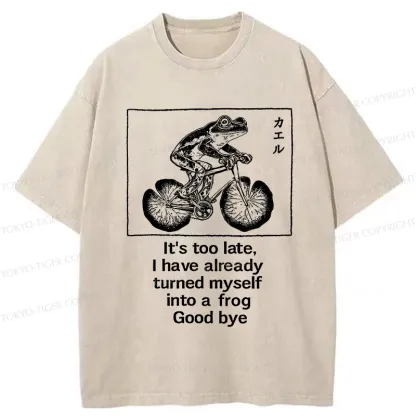 Tokyo-Tiger Funny Frog Riding A Bicycle Washed T-Shirt