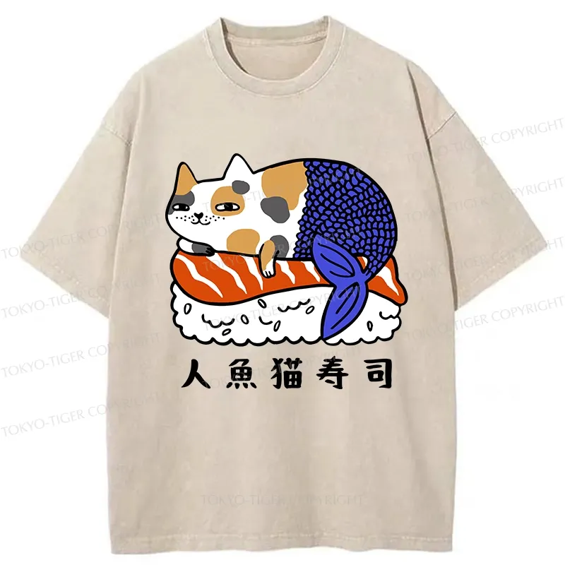 Tokyo-Tiger Mermaid Cat Sushi Washed T-Shirt