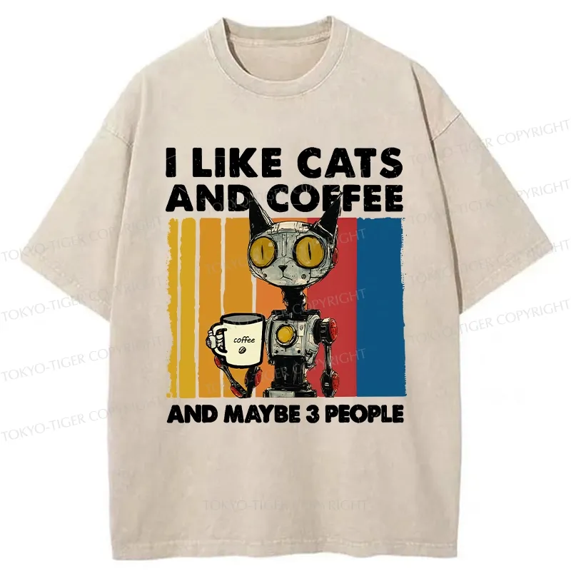 Tokyo-Tiger I Like Robot Cats And Coffee Washed T-Shirt
