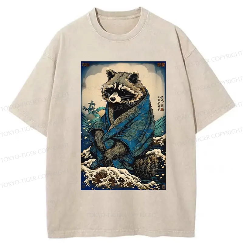 Tokyo-Tiger Raccoon And Waves Washed T-Shirt