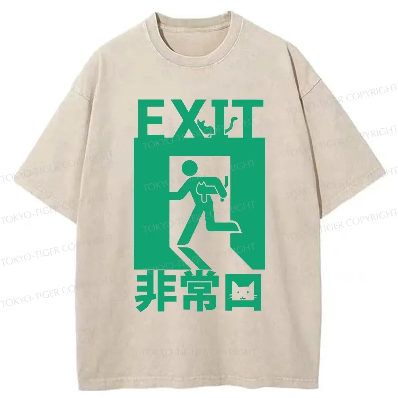 Tokyo-Tiger Funny Cat Exit Washed T-Shirt