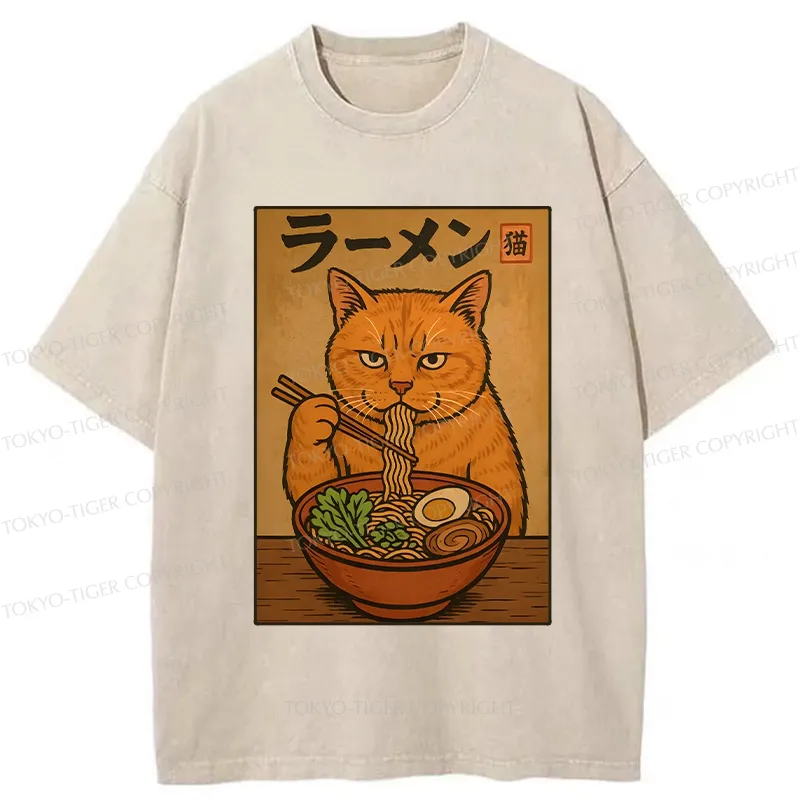 Tokyo-Tiger Ramen Obsessed Cute Cat Washed T-Shirt