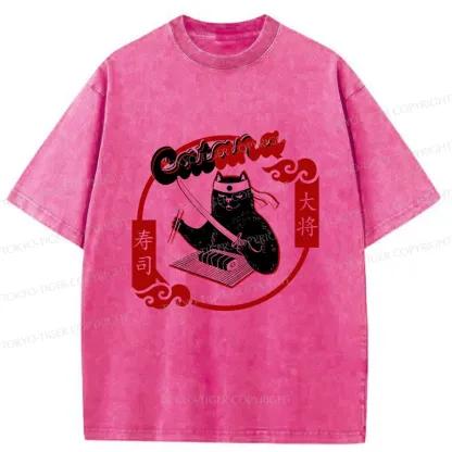 Tokyo-Tiger Cat Sushi Chef Washed T-Shirt